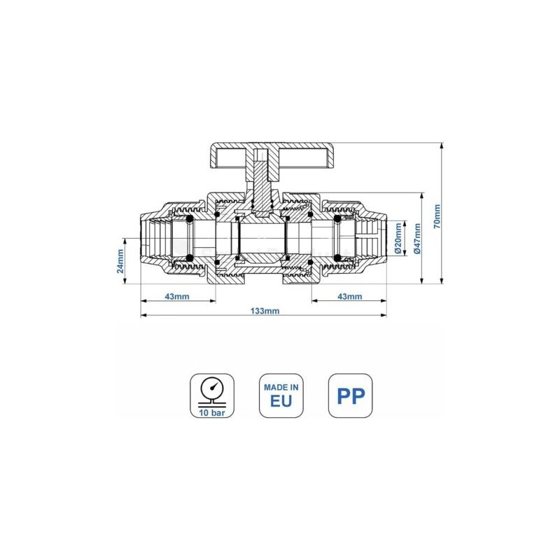 Kugelhahn Für 20-mm-wasserrohrverschraubungen – 20-mm-pn10-kompressionsventil – Kugelhahn Kompatibel Mit Pe80- Und Pe100-polyethylenrohren – 1 Stück