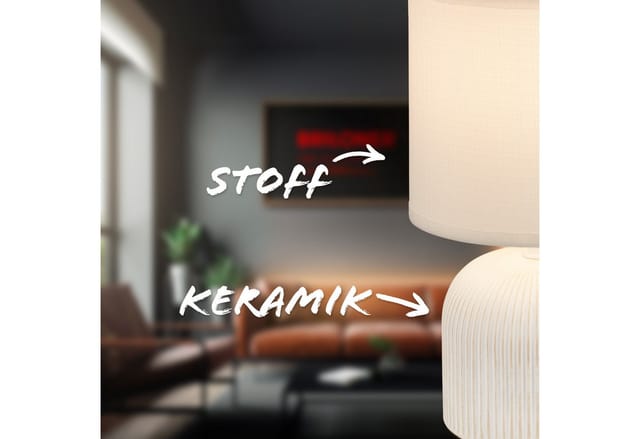 Tischlampe mit Stoffschirm, Kabelschalter, Keramikfuß, Lampe, Nachttischlampe, Tischleuchte, Dekolampe Flur, Bürolampe, Leselampe, 15x28cm (DxH), Weiß