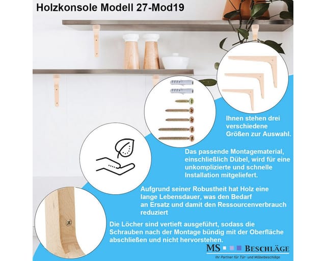 Ms Beschläge - Holzkonsole 200mm x 125mm 1 Paar Montagewinkel Buche Regalträger Wandkonsole