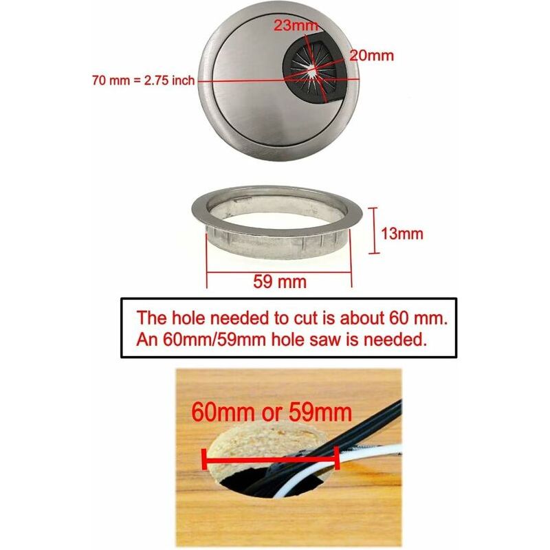 Vurahome – 4 Stück Kabeltüllen Aus Zinklegierung, 60-mm-kabelabdeckungen Aus Metall, Kabeldurchführungen Für Computertische, Kabelmanagement-öffnungen