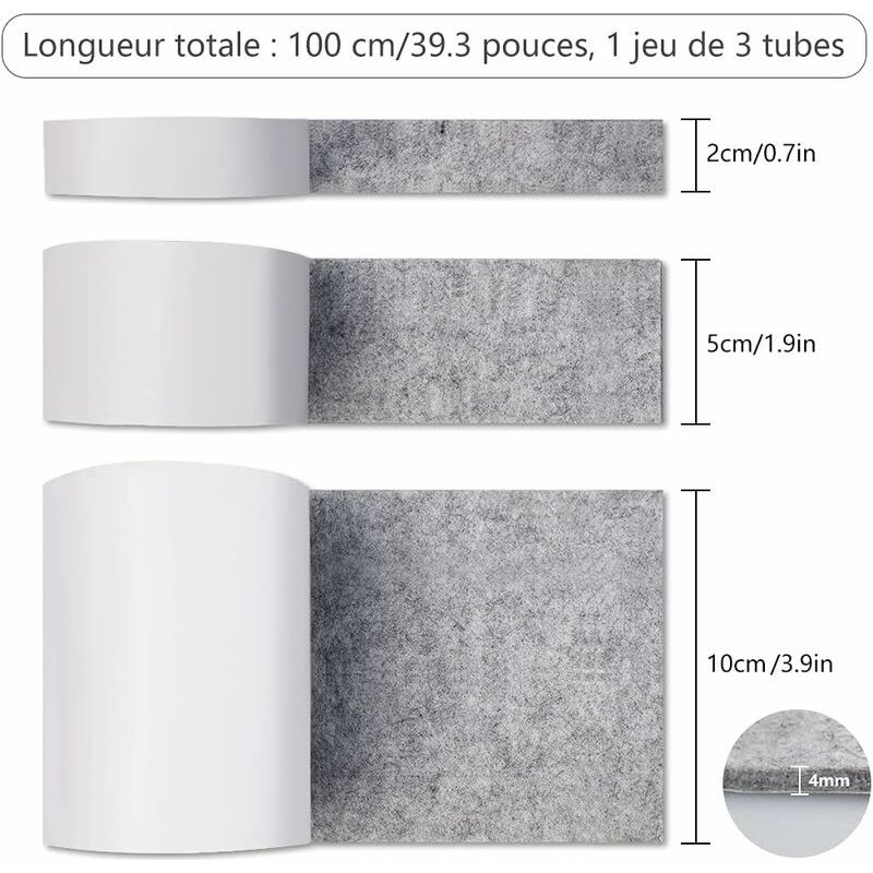 Vurahome - Selbstklebende Filzgleiter Für Möbel, 3 Rollen Graue Filzgleiter (100 Cm X 10 Cm + 100 Cm X 5 Cm + 100 Cm X 2 Cm), Frei Zuschneidbar, Rutschfeste Filzgleiter, Möbelgleiter Für Tische Und St