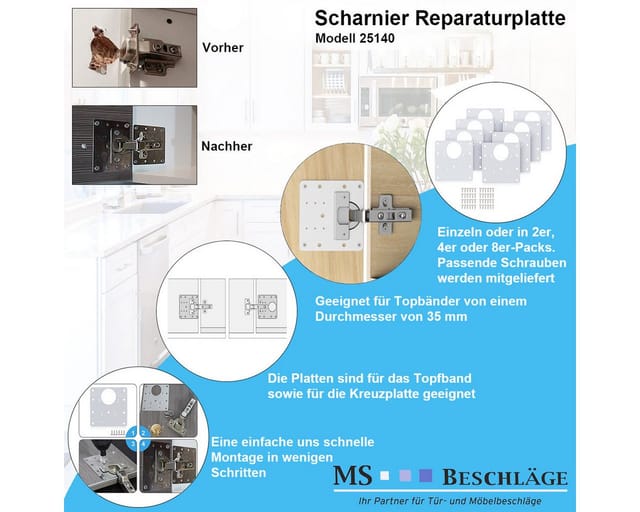 Ms Beschläge - Scharniertopfplatte 90x90mm 8 Stück Edelstahl Reparaturplatte Möbelbefestigung Verbinder