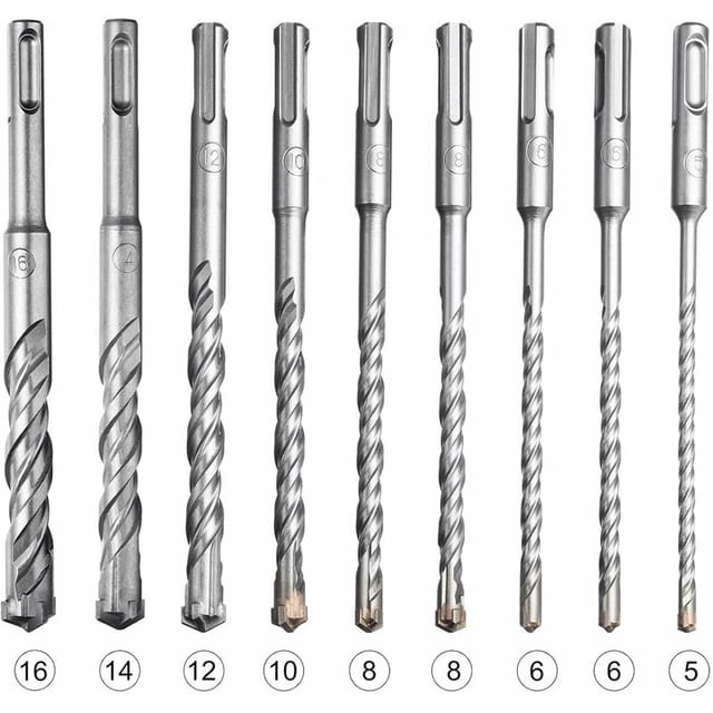 9-teiliges SDS-Plus-Bohrerset für elektrischen Bohrhammer zum Bohren in Stein, Beton, Ziegelwände, Keramikfliesen (5, 6, 6, 8, 8, 10, 12, 14, 16 x