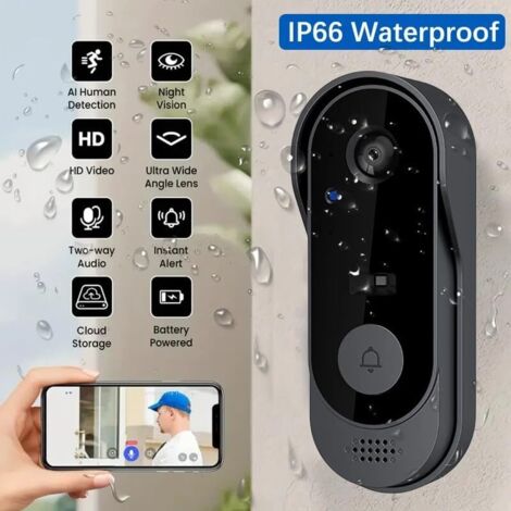 Sonnette Sans Fil Avec Caméra,1080p Wifi Sonnette Étanche, Batterie Visiophone Sans Fil Avec Carillon, Audio Bidirectionnel, Vision Nocturne Infrarouge, Détection Humaine Pir