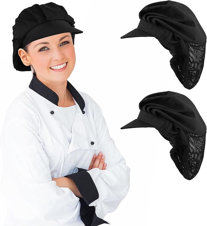 2 Stück Kochmützen, Schwarze Küchenhaarnetze, Halbmaschig, Elastisch, Atmungsaktiv