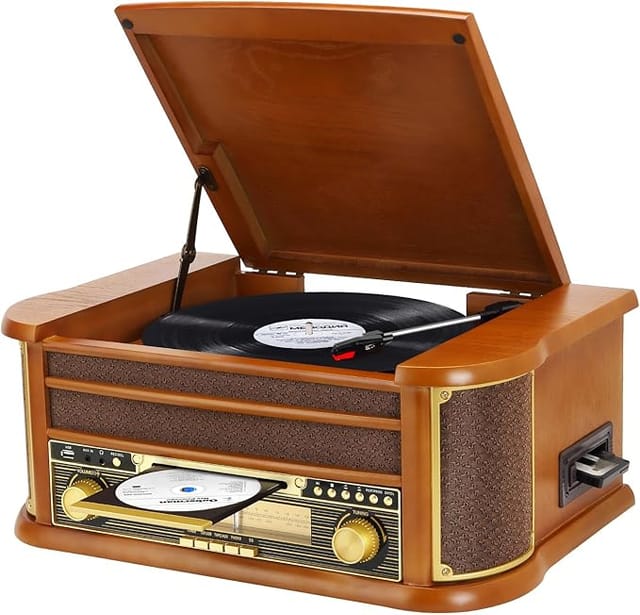 Record Player 3 Speed Kabelloser Bluetooth Vinyl Plattenspieler mit AM/FM Radio Phonograph mit 3, 5mm Kopfhörerbuchse, CD/Kassette,