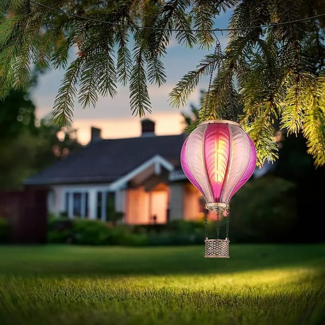 Solarlampe Hängeleuchte Außenlampe Heißluftballon pink Feuereffekt Gartendeko Balkonlampe, 20x 0,5W 1600K warmweiß, DxH 14 x 46,5 cm