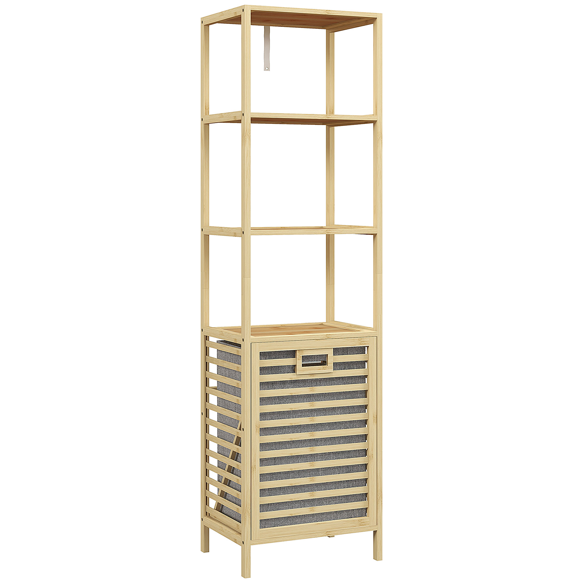 3-stöckige Badezimmersäule Aus Bambus Mit Wäschekorb Aus Stoff, 44 X 33 X 160 Cm