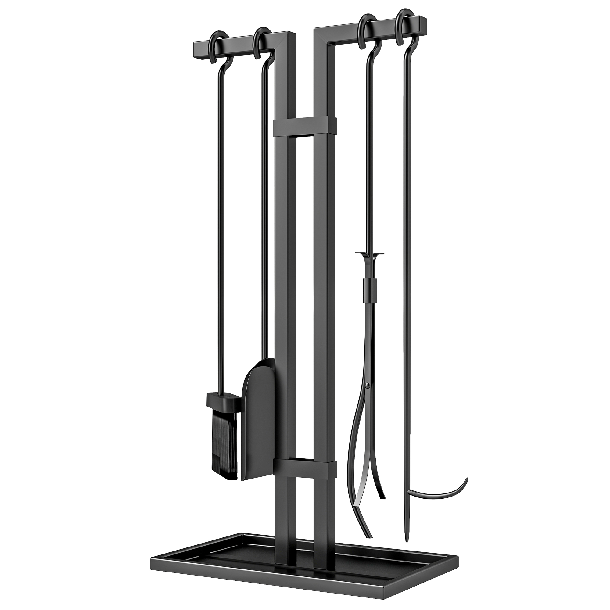 5-teiliges Kamin-set Aus Schwarzem Metall: Bürste, Schaufel, Zange, Schürhaken Und Ständer