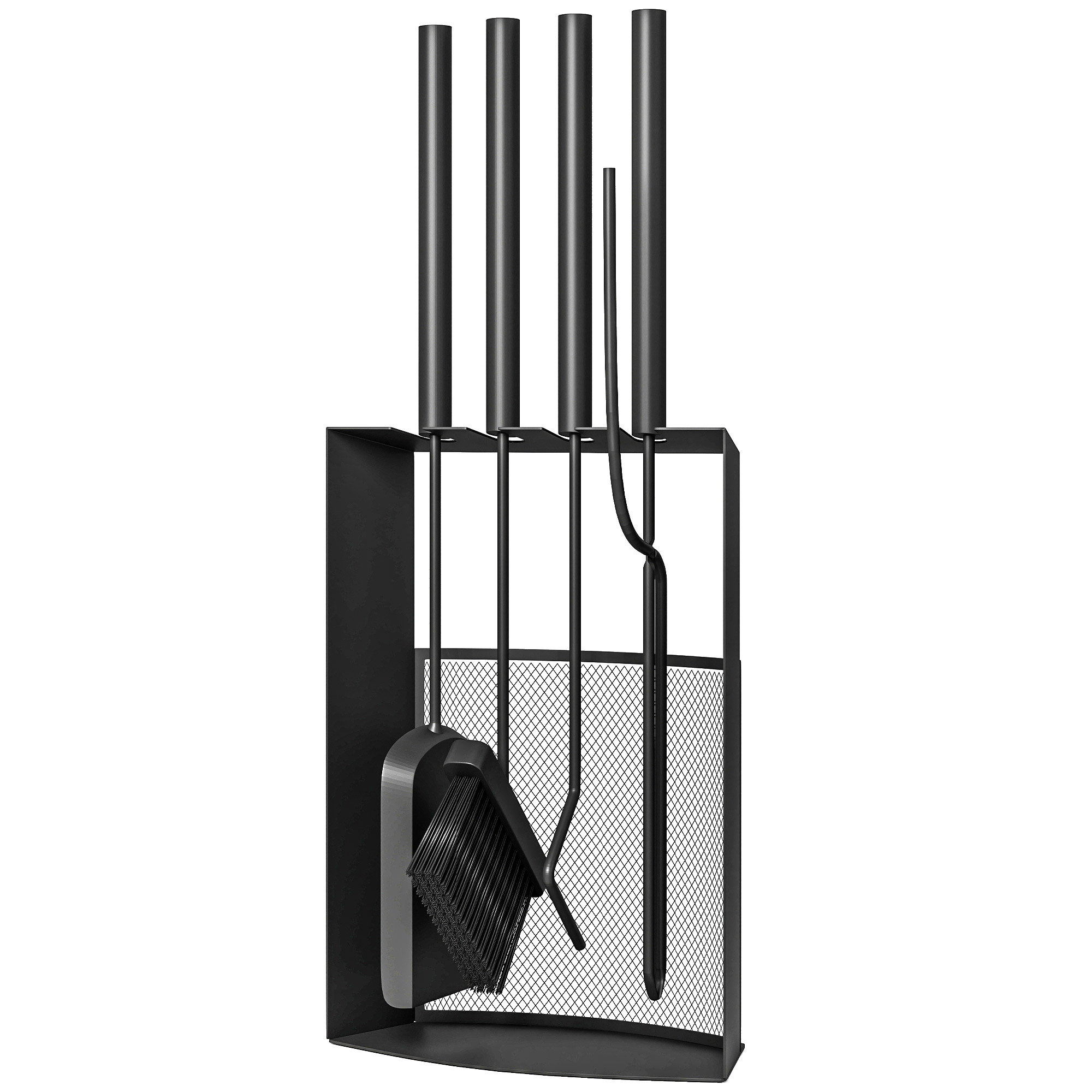 5-teiliges Kaminbesteck-set Aus Schwarzem Metall Mit Bürste, Schaufel, Schürhaken, Zange Und Ständer (28 X 13 X 59,5 Cm)