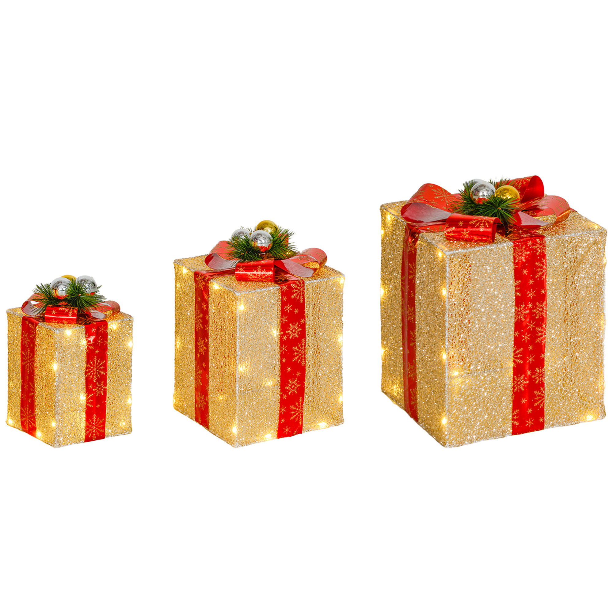 Set Mit 3 Goldenen Led-geschenkboxen Mit Schleife, 58 Lichter, Weihnachtsbeleuchtung