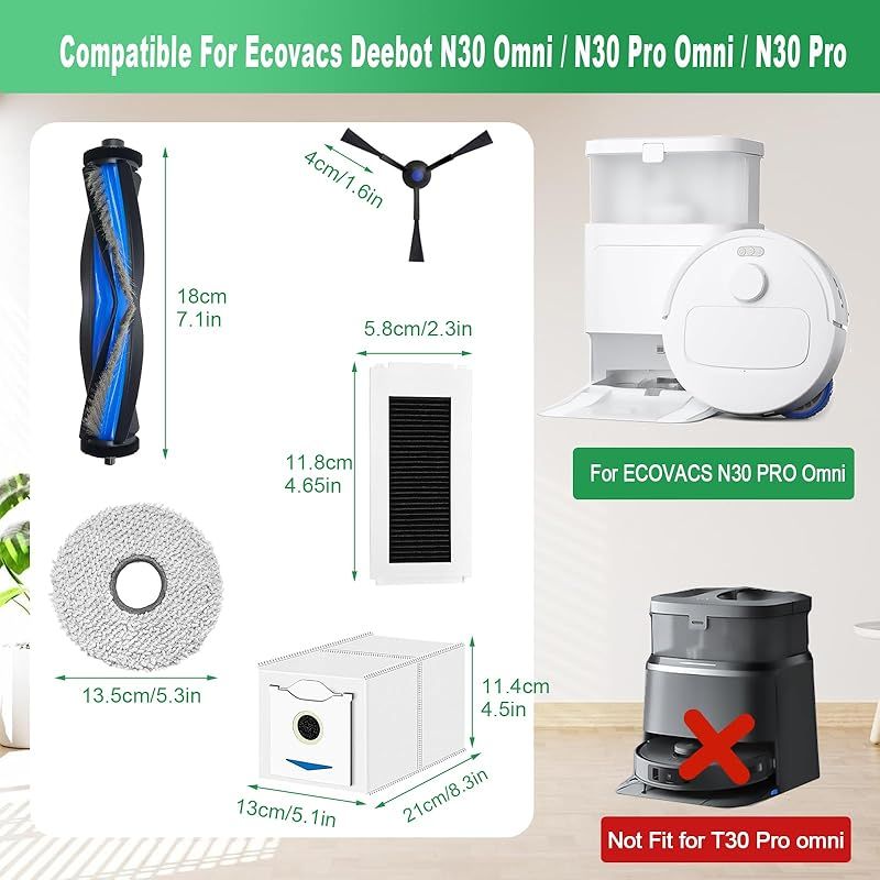 Zubehör Für Die Vorderachse Der Ecovacs Deebot N30 Omni, N30 Pro Omni Und N30 Pro Saugroboter: Walzenbürsten + 4 Tücher + 4 Staubbeutel + 4 Seitenbürsten + 2 Filter