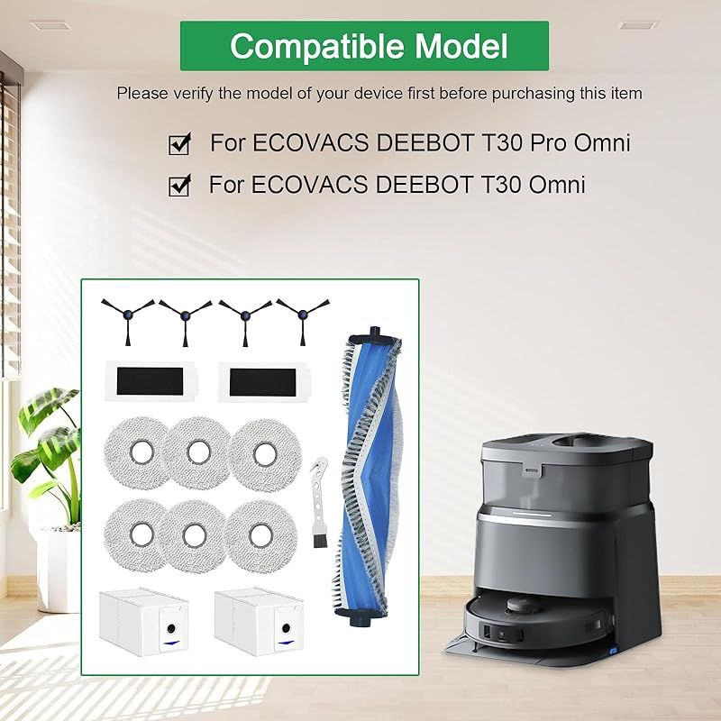 Forehill Zubehör Für Ecovacs Deebot T30 Pro Omni / T30 Omni Saugroboter Ersatzteile, Walzenbürsten + 6 Tücher + 2 Staubbeutel + 4 Seitenbürsten + 2 Filter