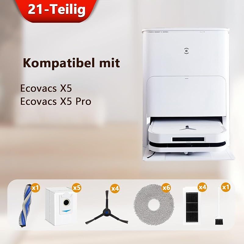 Irobacc 21-teiliges Ersatzteilset, Kompatibel Mit Ecovacs Deebot X5 Pro, X5 Omni Staubsaugern: 1 Hauptbürste, 4 Seitenbürsten, 5 Staubbeutel, 4 Hepa-filter, 6 Reinigungspads