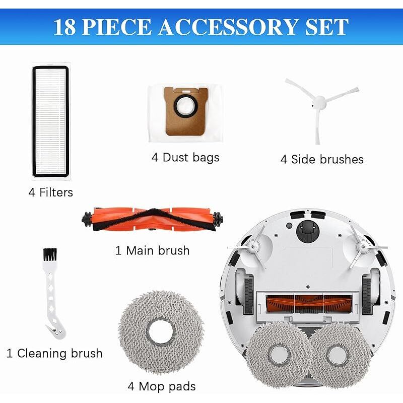 18-teiliges Zubehörset Für Xiaomi X20+/x10+ Und Dreame S10/l10s Ultra Saugroboter: 1 Hauptbürste, 4 Hepa-filter, 4 Wischpads, 4 Staubbeutel, 4 Seitenbürsten, 1 Reinigungsbürste