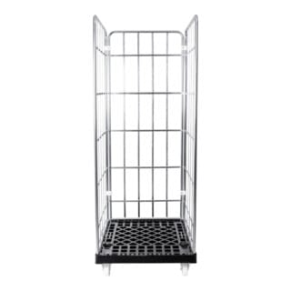 Rollbehälter, 3-seitig, galvanisch verzinkt, mit Kunststoff-Rollplatte, LxBxH 815x724x1630 mm, Nutzhöhe 1450 mm, Möbelroller, Gitterbox, Gitterwagen