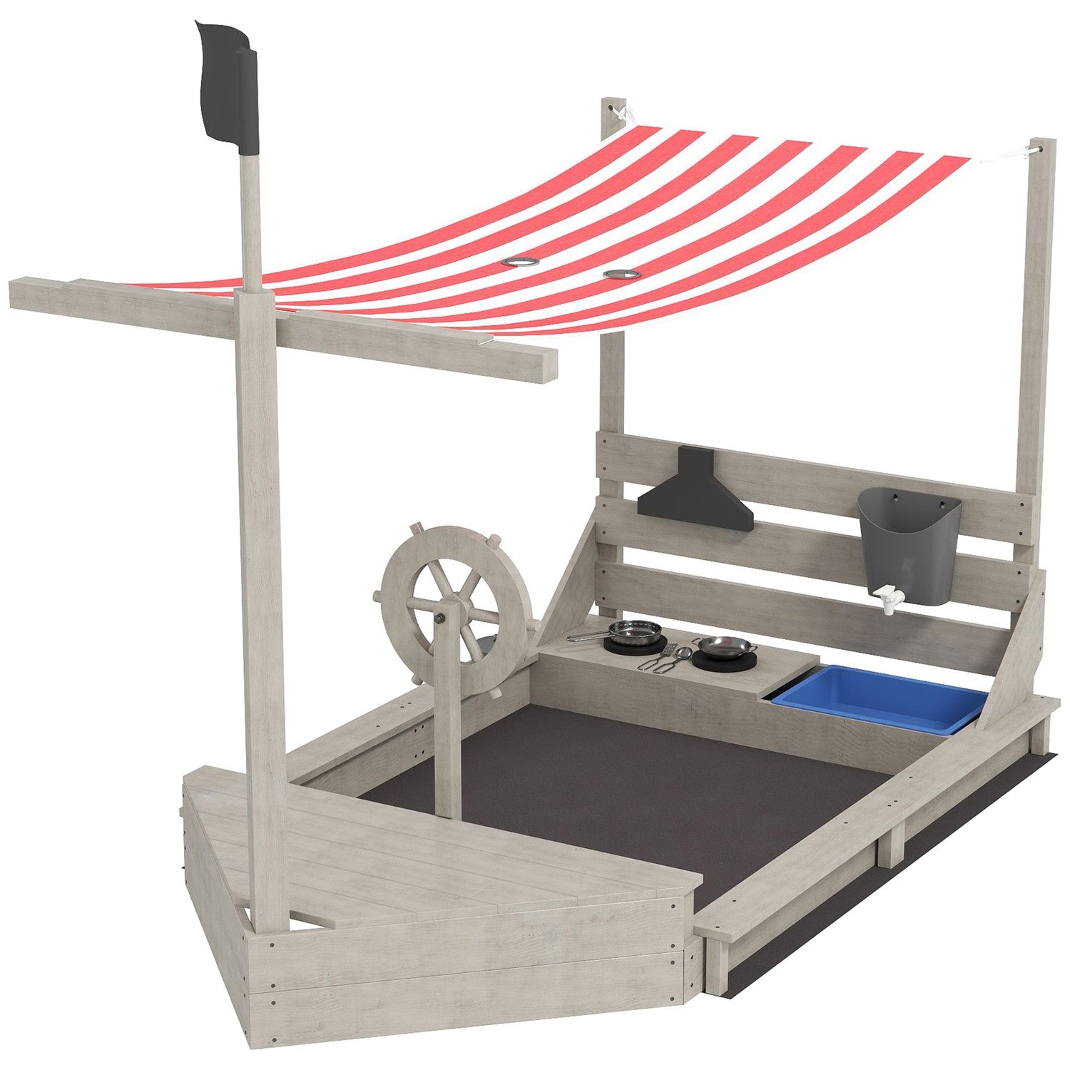 Wooden Ship Playhouse Sandbox With Lid - 180 X 103 X 144.5 Cm
