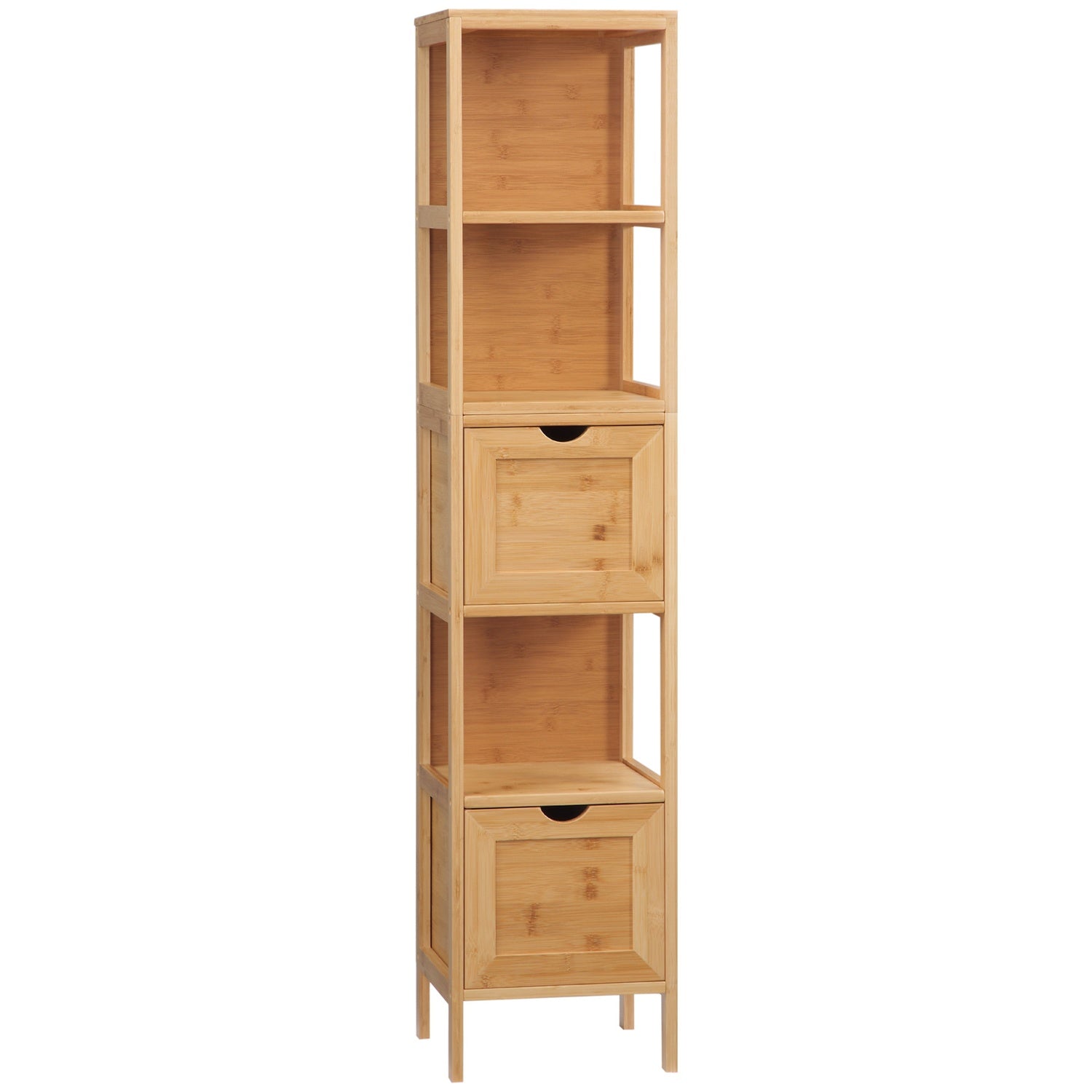 Badezimmerschrank Hochschrank Aus Bambus Mit 3 Regalen & 2 Schubladen, Kippschutz, Mehrzweckschrank, Beistellschrank