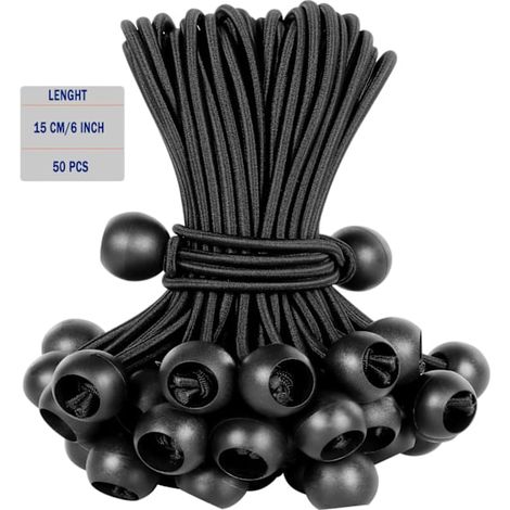 Lot De 50 Boules Élastiques, Cordon Noir Résistant Aux Uv, Pour Sangles, Tentes, Poteaux Et Câbles (15 Cm, 6 Unités).
