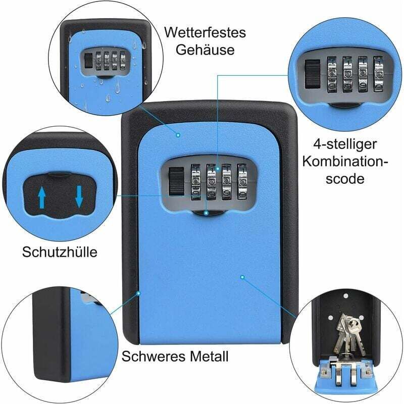 Wandmontierter Schlüsseltresor Mit 4-stelligem Code, Wasserdicht, Für Zuhause, Garage, Schule – Blau, Hanbing