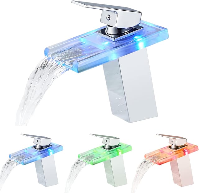 Wasserhahn Bad, led Lichter Wasserhahn, Einhandmischer Wasserfall Wasserhahn, Kaltes und Heißes Wasser Waschtischarmatur, Messing Verchromt