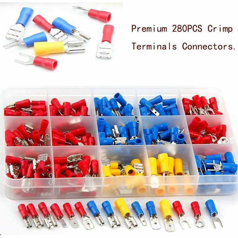 Rtgpt, 280-teiliges Kabelschuh-set Für Elektriker. Diese Crimp-kabelschuhe Sind Isoliert Und In Verschiedenen Ausführungen Erhältlich: Rundstecker, Flachstecker, Buchsenstecker Und Gabelstecker.