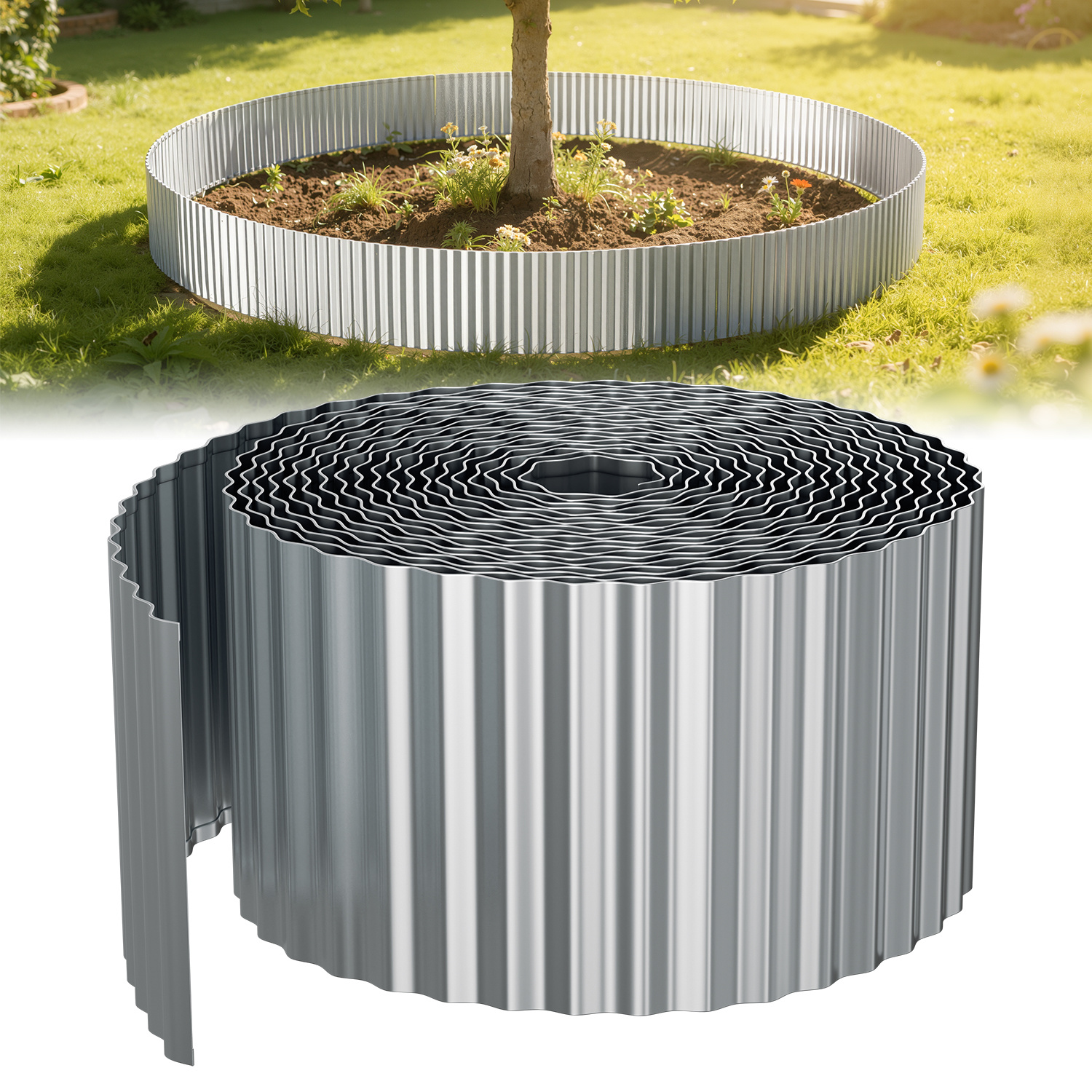 Tolletour Rasenkante 25m, Wellen Verzinkt Beetbegrenzung, 15cm Höhe, Raseneinfassung Ideal Für Rasenbegrenzung, Metall, Silber