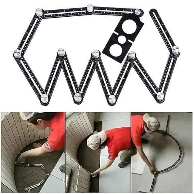Schablonenwerkzeug - Winkelschablone - Mehrwinkel-Messlineal - Aluminium - 12 Seiten - Fliesenwerkzeug mit Löchern - Schwarz