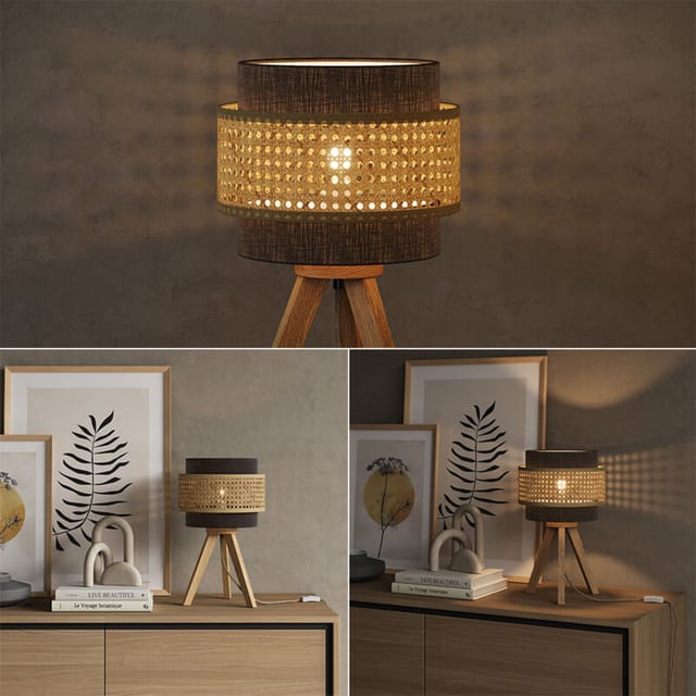 Tischlampe Morten, Rattan/Schwarz, 26 x 45 cm mit Standfuß Vicco