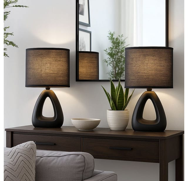 Globo Lighting - Tischleuchte Keramik schwarz Nachttischleuchte Textilschirm Schlafzimmerlampe schwarz, E14 Fassung, LxBxH 17x10x30 cm