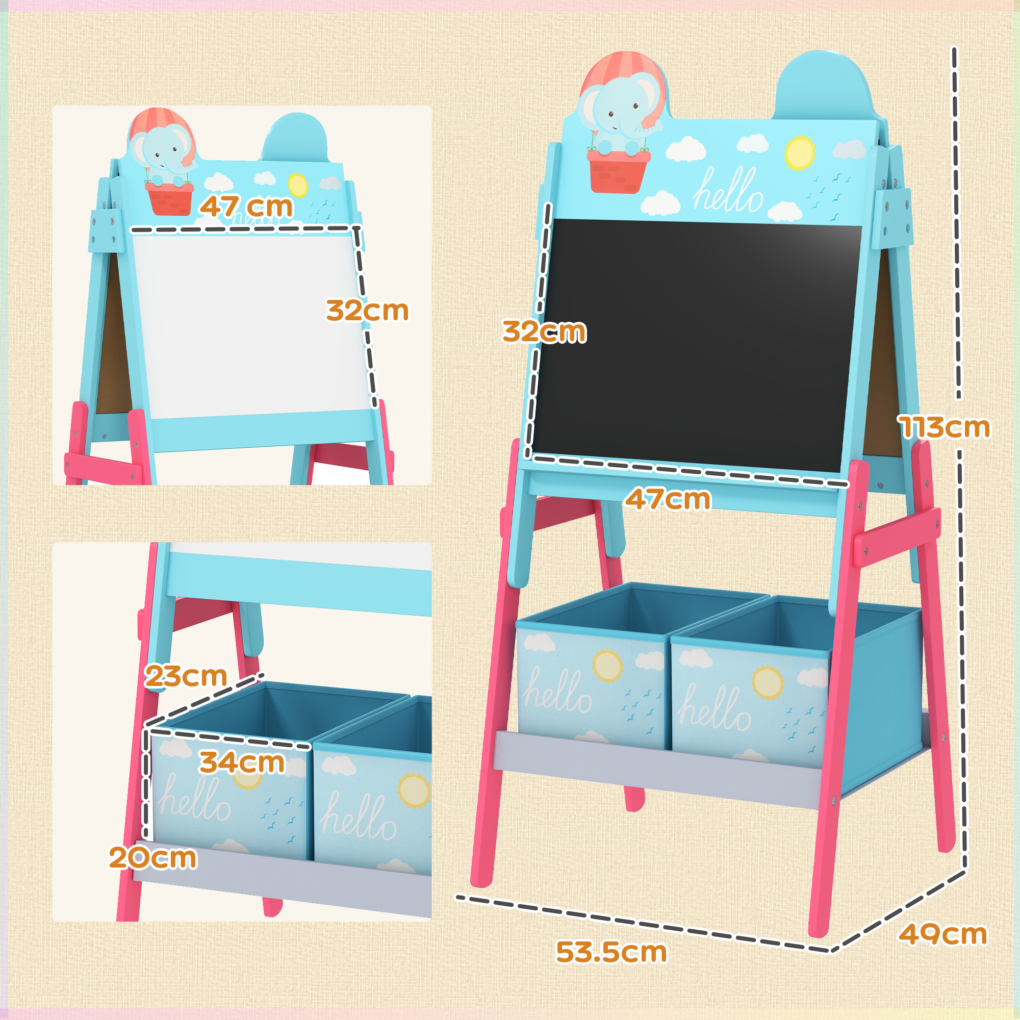 Doppelseitige Kinderstaffelei Mit 2 Stoffboxen, Malstaffelei Mit Tiermotiven Für Kinder, Blau