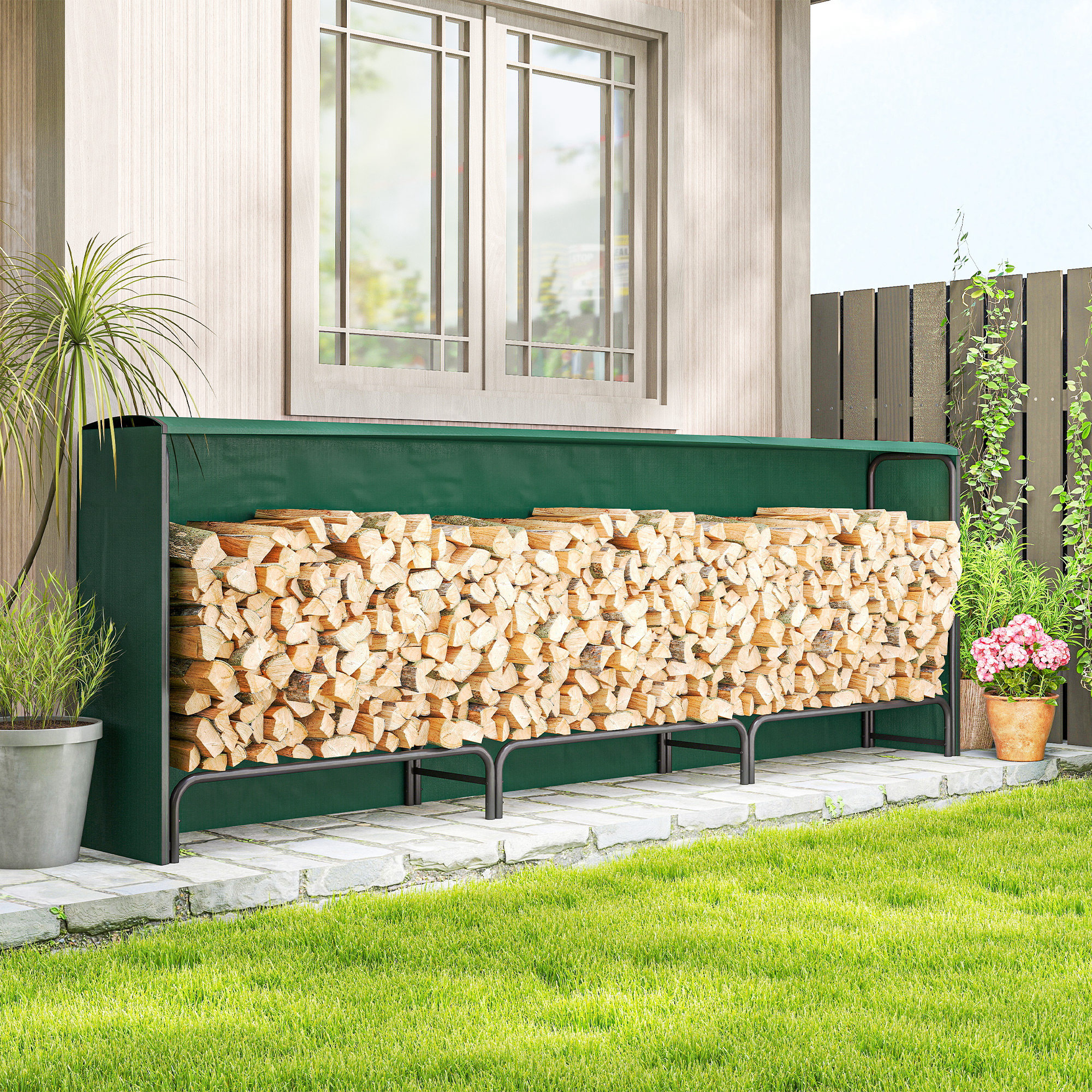 Metallener Brennholzschuppen Für Den Außenbereich, Holzablage Mit Wasserdichter Abdeckung, Verstellbarem Gestell, Erhöhtem Holzregal, 1 M³, 300 X 36 X 99 Cm, Schwarz Und Dunkelgrün