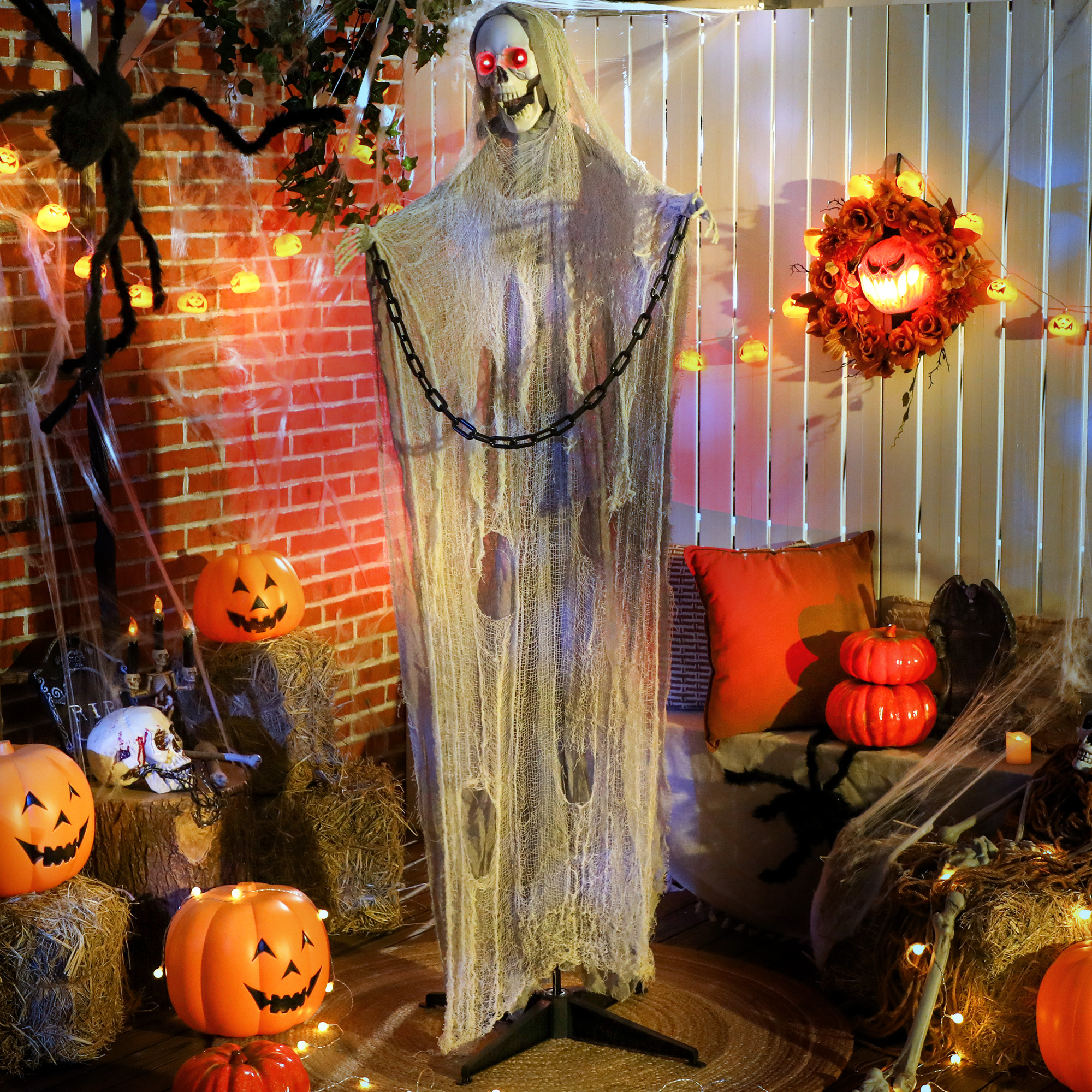 Outsunny Halloween Deko Sensenmann Outdoor 183cm Animiert Sprechende Halloween Sensenmann Mit Leuchtenden Augen Gruseligem Sound Halloweendeko Halloween-dekoration Für Tür Garten Party Hof Spukhaus