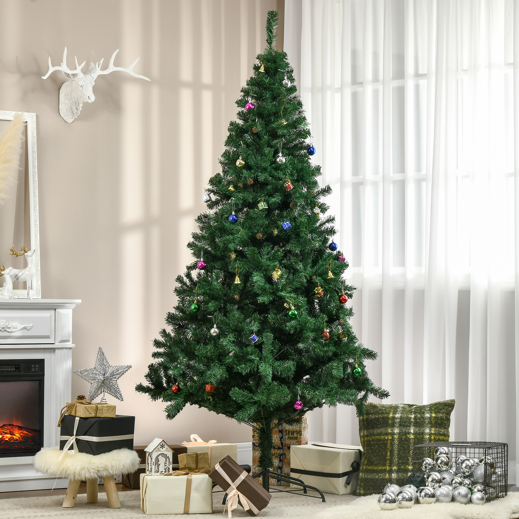 Künstlicher Weihnachtsbaum Von Homcom, 210 Cm, Mit 1036 Zweigen, Ornamenten, Tannenzapfen, Für Den Innenbereich, Grün