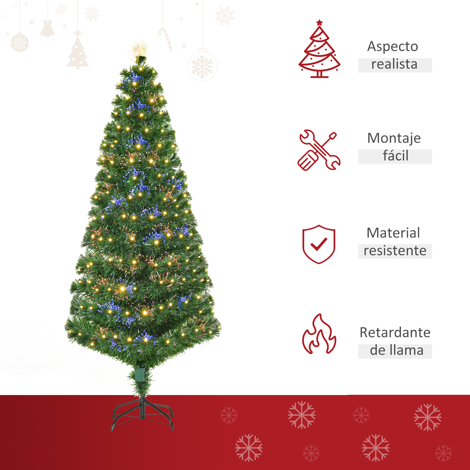 Homcom Künstlicher Weihnachtsbaum, 180 Cm, Mit Metallständer, Mehrfarbigen Led-lichtern Und Naturgrünem Pvc-material