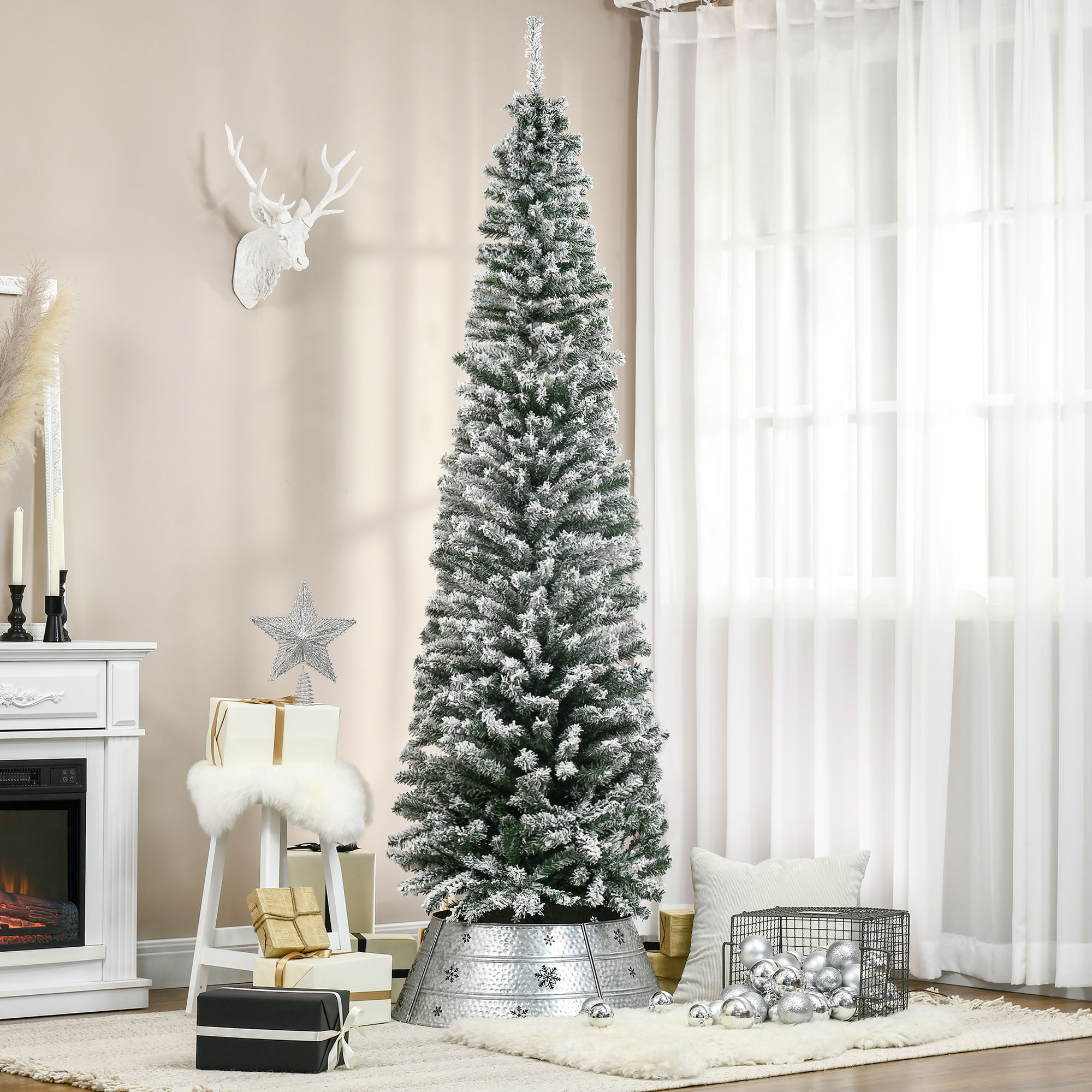 Schmaler Weihnachtsbaum, 225 Cm, Schneebedeckter Weihnachtsbaum Mit 738 Zweigen Und Metallständer Für Das Wohnzimmer, Grün Und Weiß