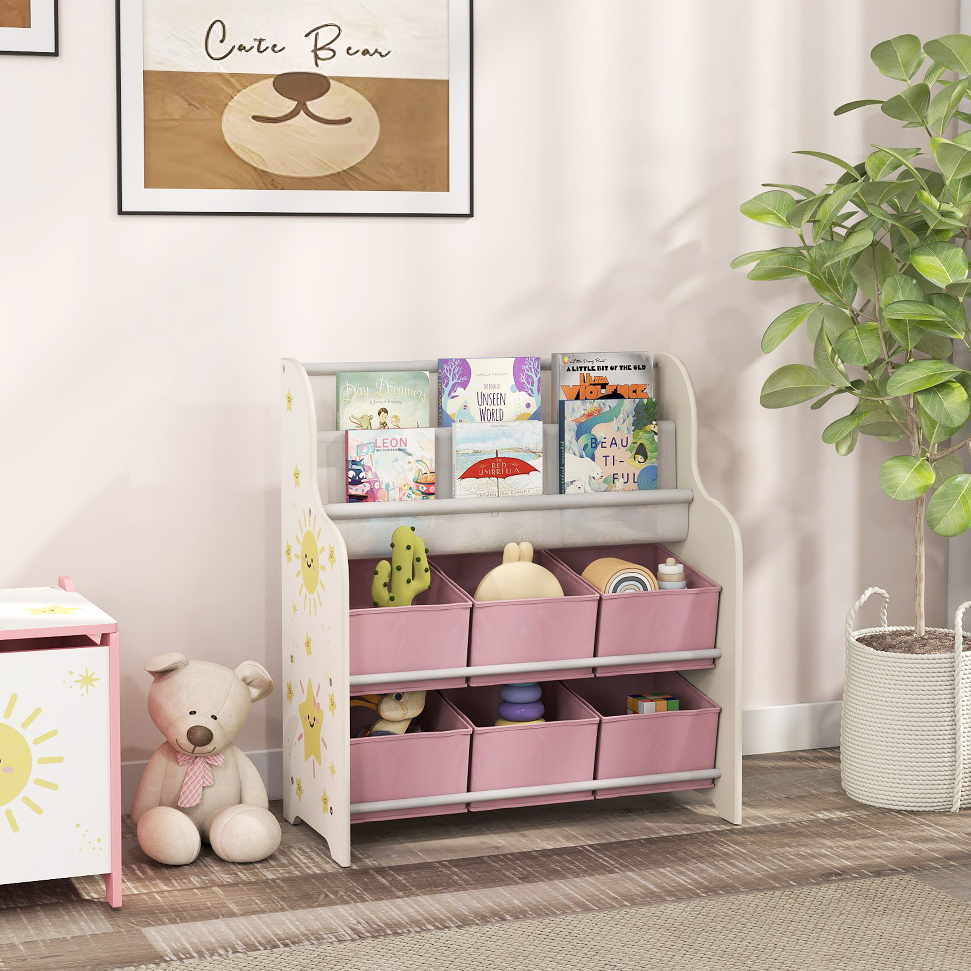 Aufbewahrungsmöbel Für Kinderspielzeug Mit 6 Herausnehmbaren Vliesstoffboxen Und 2 Regalböden Fürs Kinderzimmer, 63 X 30 X 71 Cm, Rosa