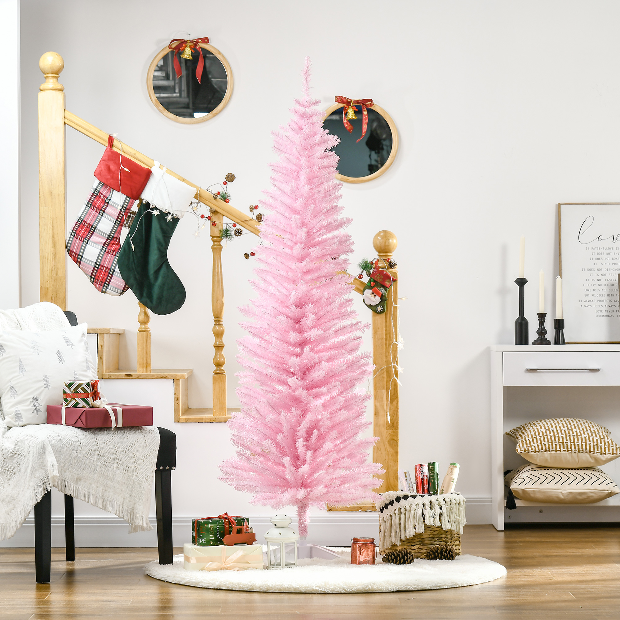 Künstlicher, Schmaler Weihnachtsbaum, 180 Cm Hoch, Mit 390 Zweigen Und Abnehmbarem Sockel, Einfach Aufzubauen, Rosa