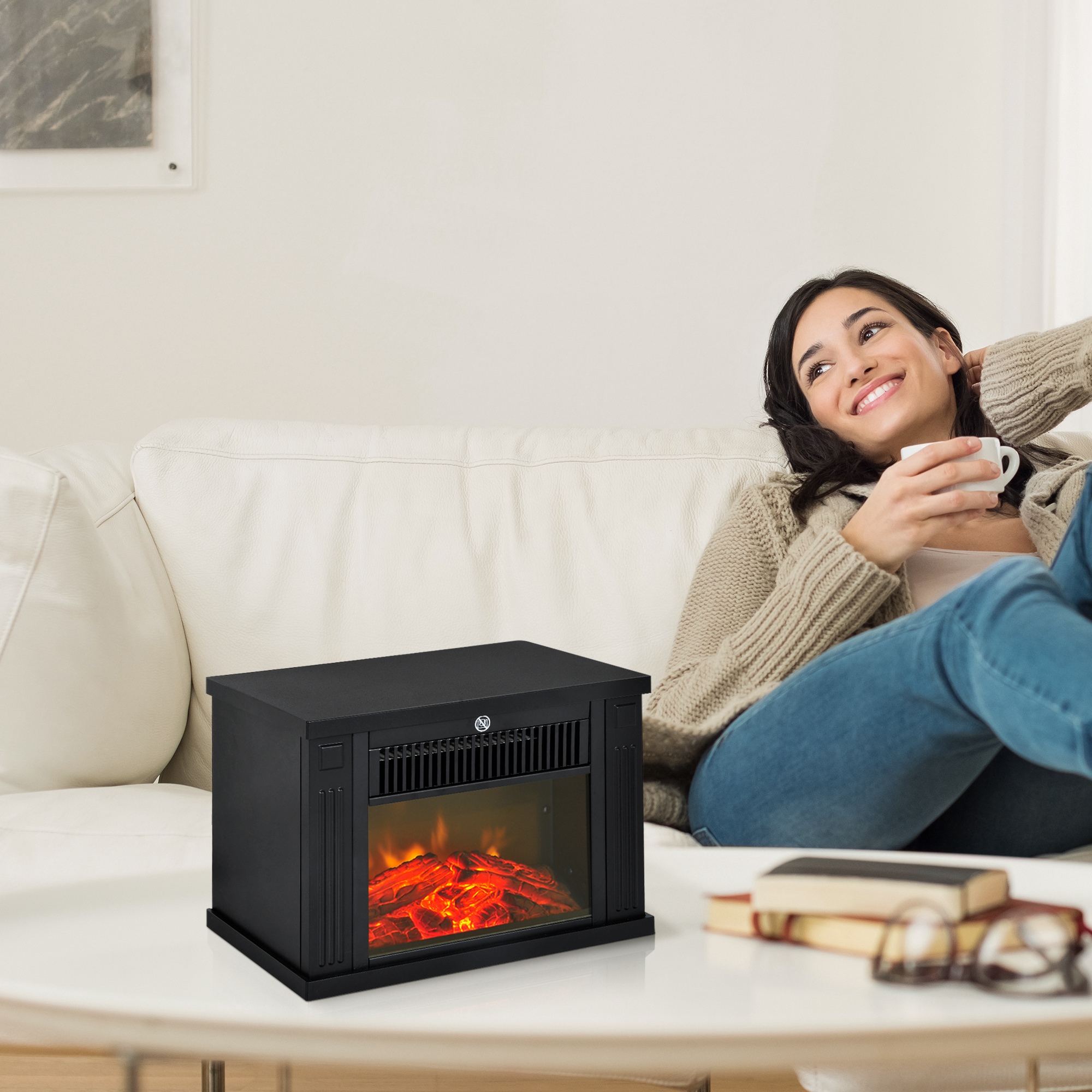 Homcom Elektrischer Kamin 600/1200 W, Dekorativer Tischkamin, Tragbar, Mit Realistischem Flammeneffekt, Überhitzungsschutz, Für Räume Von 10–15 M², 34 X 17 X 25 Cm, Schwarz