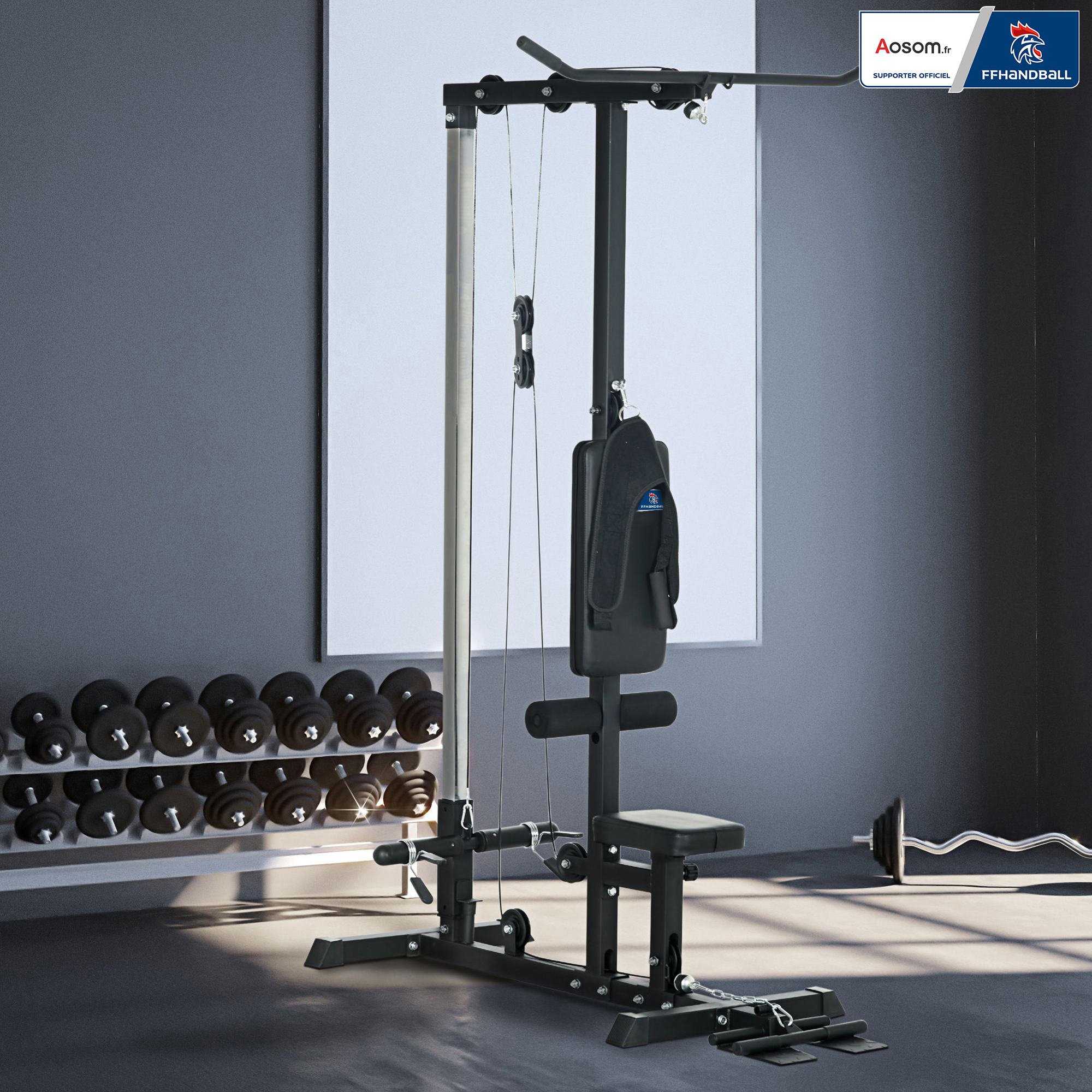 Krafttrainingsstation – Aosom.fr X Ffhandball – Seilzugstation, Brustzug, Hantelbank