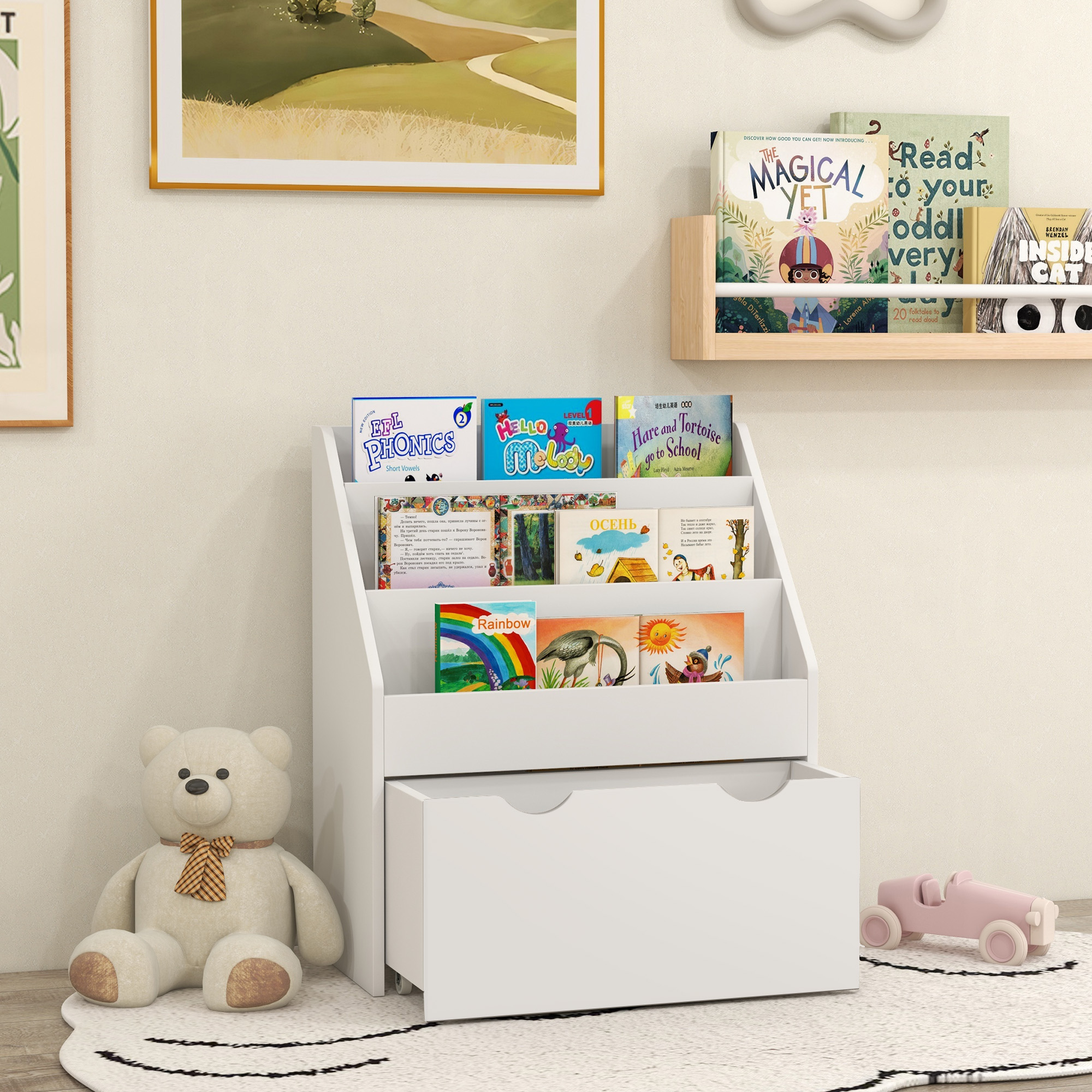 4-stöckiges Kinderbücherregal, Bücherregal Mit 3 Ablagen Und 1 Schublade Mit Rollen, 62,5 X 30 X 70 Cm, Weiß