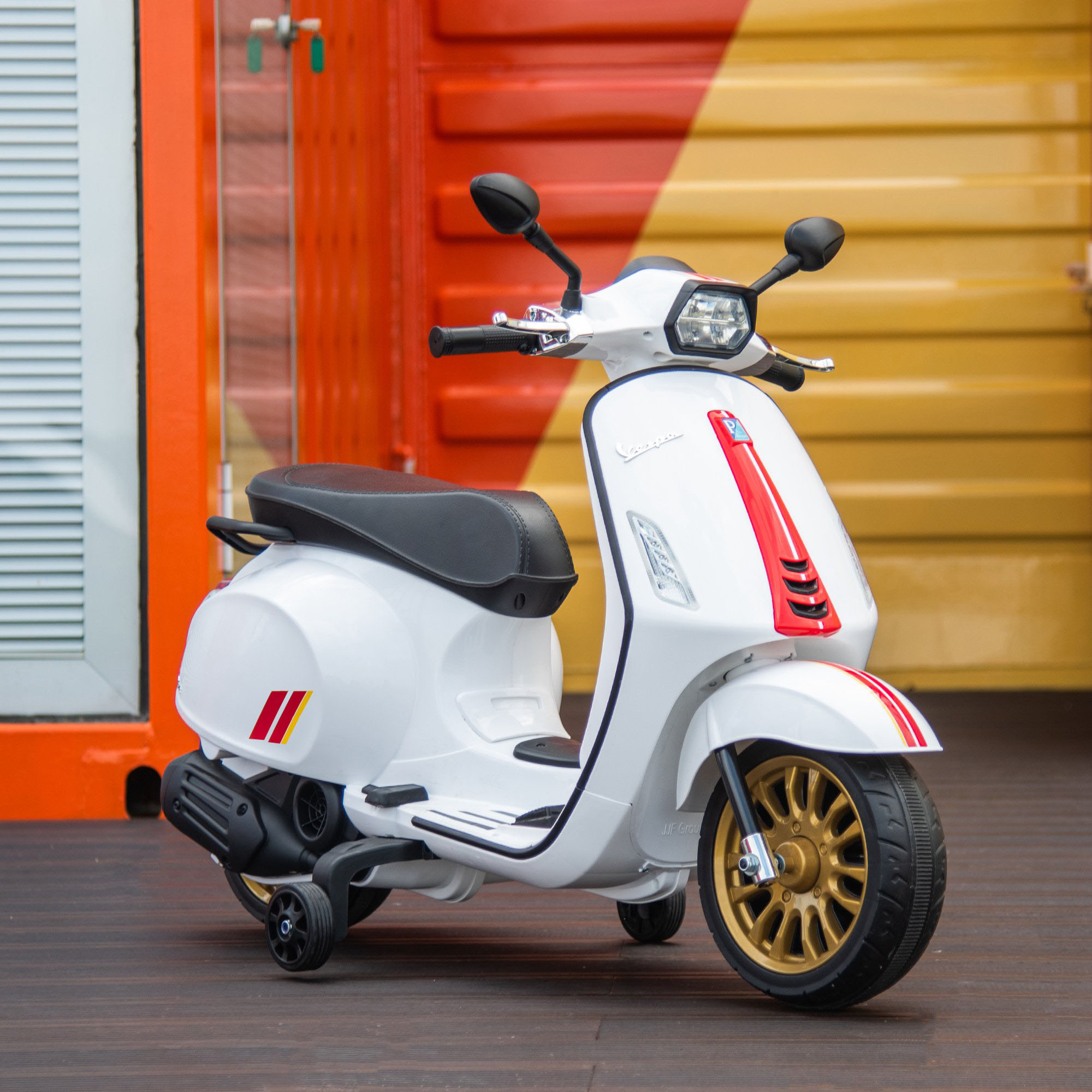 12-v-elektromotorrad Für Kinder Von 3–6 Jahren, Lizenzierte Vespa Mit Stützrädern, Scheinwerfer Und Musik, Spielzeugmotorrad Aus Pp Und Metall, 107 X 47 X 73 Cm, Weiß
