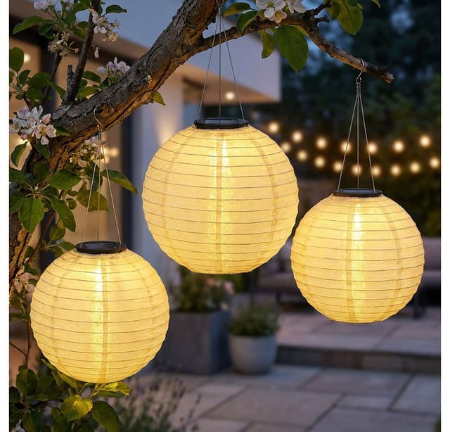 Solarlampe Lampion Außenleuchte Led Hängelampe Gartenleuchte Sandfarben Außenlampe Pendelleuchte, Edelstahl Kunststoff, Warmweiß, Dxh 30x 55 Cm, 3er Set