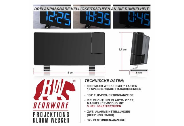 Brandson - Projektionswecker, Projektions Radio Wecker digital - Dimmer - Snooze - 15 Radiospeicher