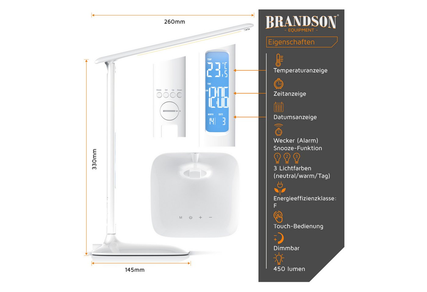 Schreibtischlampe, Dimmbar, Farbwechsel, Temperatur-, Alarm- & Kalenderfunktion, led Tischlampe - Brandson Bild 2