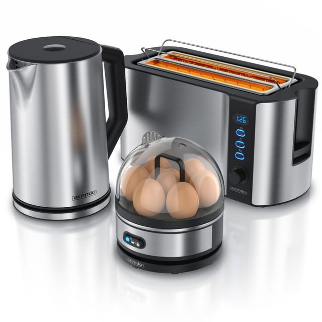 Frühstücksset 3-teilig, 1,5l Wasserkocher, 4-Scheiben Langschlitz Toaster, 7er Eierkocher, Silber - Arendo