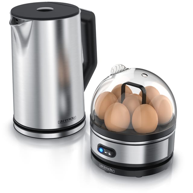 Arendo - 2-teiliges Frühstücksset, 7er Eierkocher sevencook, Edelstahl Wasserkocher 1,5L, Silber