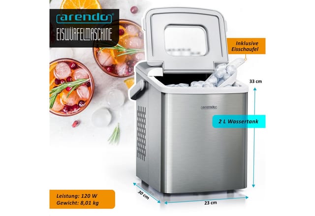 Arendo Eiswürfelmaschine 120 Watt mit 1,5 Liter Wassertank Eiswürfelbereiter, Ice Cube Maker, Eiswürfel in 8 - 9 Minuten, 10 - 12 kg / 24 h, leise
