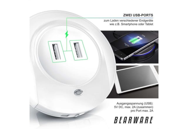 BEARWARE LED Nachtlicht, Warmweiß, Nachtlampe mit USB Ladefunktion, Helligkeits & Dämmerungssensor