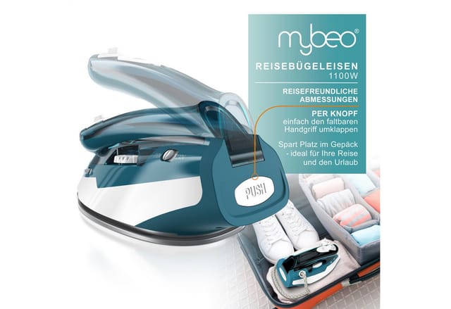 Travel Reisebügeleisen, 1100 Watt Bügeleisen mit Dampf und Edelstahl Gleitsohle - Mybeo